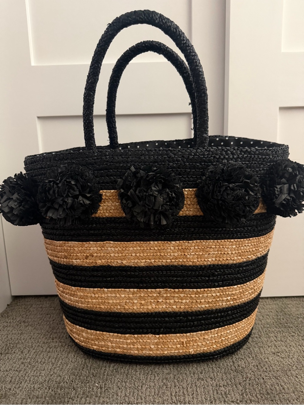 Mud Pie Black & Natural Straw Pom-Pom Tote Bag - Women Bags